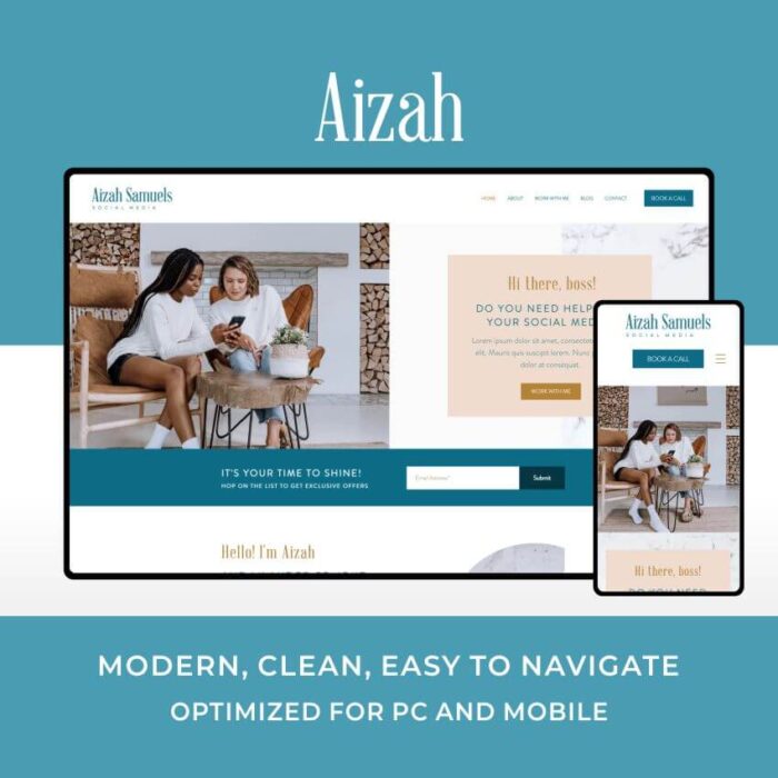 Aizah es la plantilla web para Wix perfecta para social media managers y profesionales freelance.