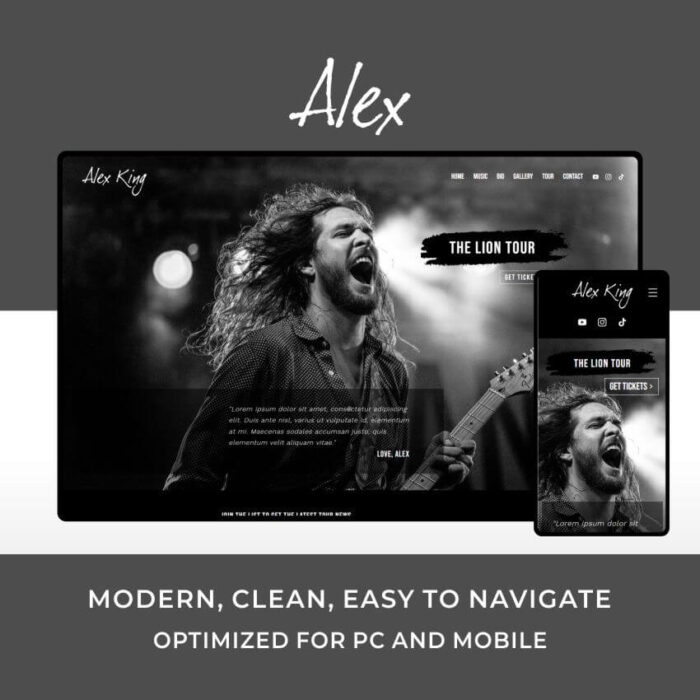 Alex es la plantilla web para Wix perfecta para músicos, bandas y grupos.