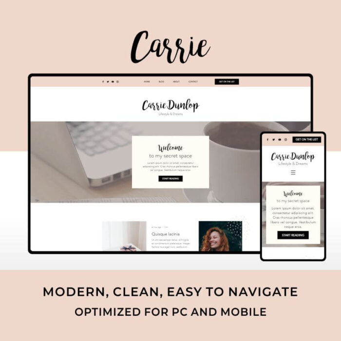Carrie es la plantilla web para Wix perfecta para bloggers de moda y escritores.