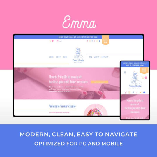 Emma es la plantilla web para Wix perfecta para salones de uñas y salones de belleza.