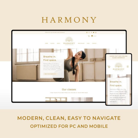 Harmony is a Wix website template for yoga teachers, yoga studios, and other service businesses. It includes a booking system for classes or events with a calendar, online payment for individual classes, packages or memberships, and many other functionalities