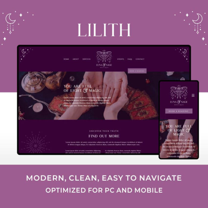 Lilith is a Wix website template for tarot readers, witches, and psychics.