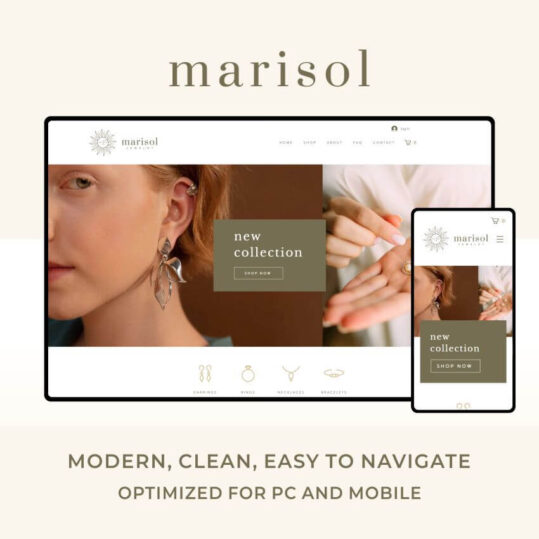 Marisol es la plantilla web e-commerce para Wix perfecta para tiendas de joyas, bisutería y otros negocios que busquen tener una tienda online.